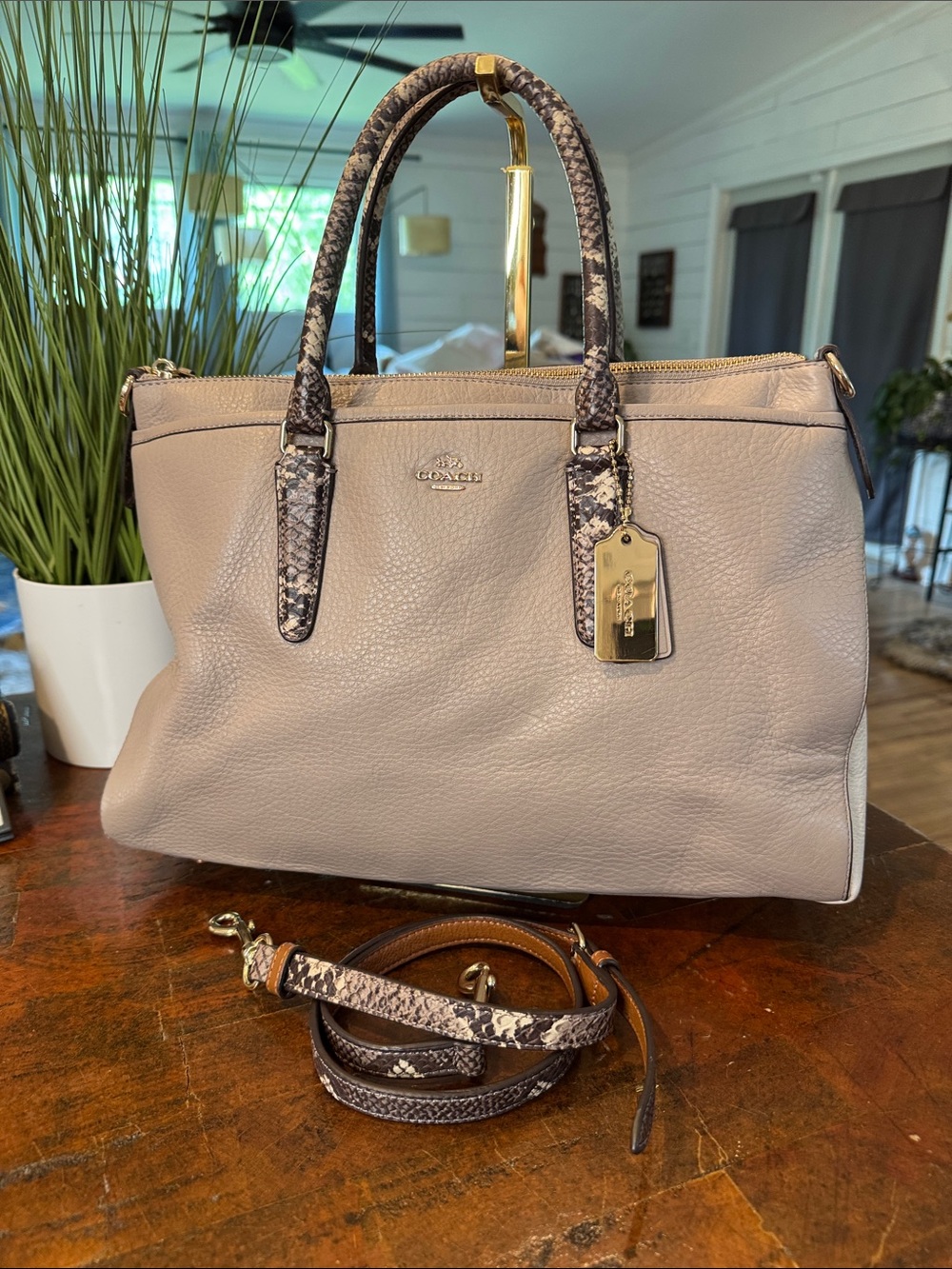 Coach Taupe Pebbled Leather Satchel with Snake-Print Trim
